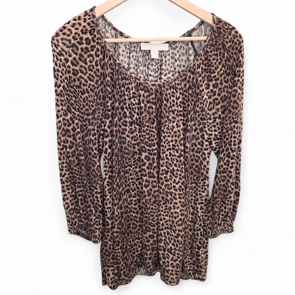 Michael Kors Top Womens Medium Brown Animal Print Peasant Blouse 3/4 Sleeve